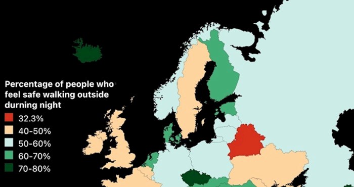 Mapa pokazuje koliko se Europljani osjećaju sigurno vani po noći u svojim zemljama, pogledajte RH