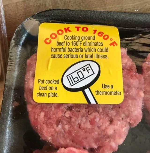 6. Na ovom pakiranju mesa piše na kojoj bi se temperaturi trebalo peći kako bi se "ubile" bakterije.