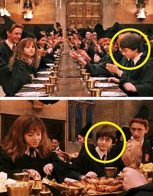 U prvom nastavku, za vrijeme večere Harry sjedi pokraj Rona. U drugom kadru sjedi pokraj Hermione.