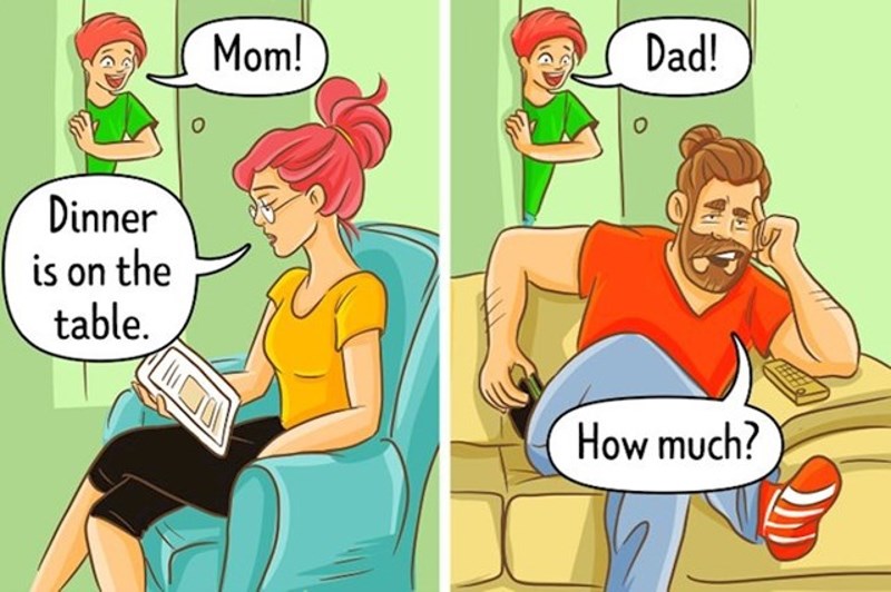 Mama - večera je na stolu. Tata - koliko trebaš?