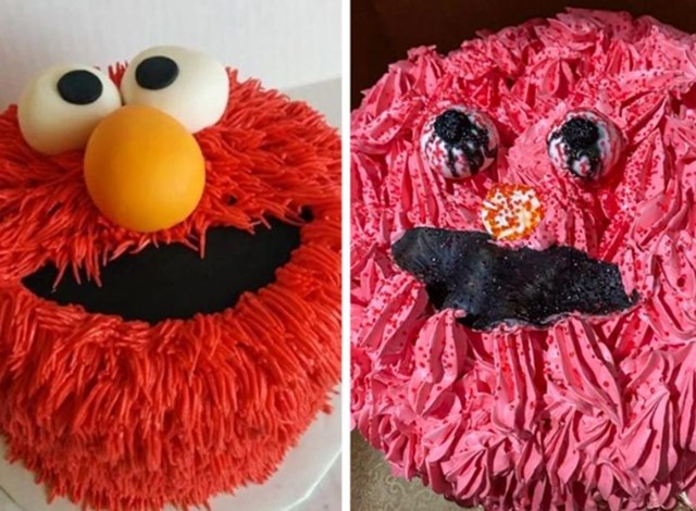 13. "Na prvoj slici se nalazi torta Elma koju smo naručili, a s desna ona koju su napravili. Elmo je vidio i bolje dane."