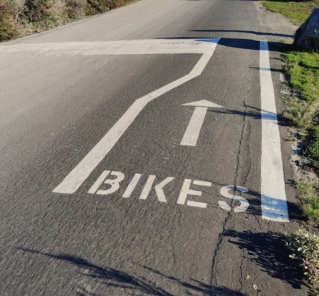 6. Oznaka na cesti za bicikliste koja vodi do dijela na kojem nema uspornika