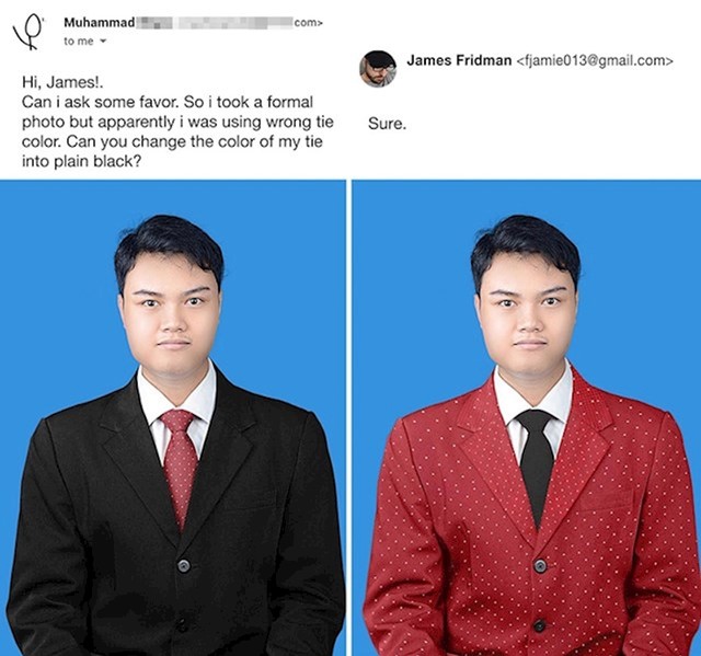 Ovaj dečko ipak nije bio zadovoljan odabirom kravate na ovo odijelo pa je zatražio ako mu može kravatu promijeniti u crnu. James je zamijenio uzorke kravate i sakoa.