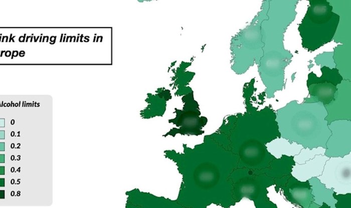 Mapa pokazuje s koliko promila ljudi smiju voziti u europskim zemljama, samo u jednoj mogu imati 0.8