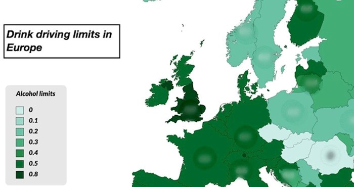 Mapa pokazuje s koliko promila ljudi smiju voziti u europskim zemljama, samo u jednoj mogu imati 0.8