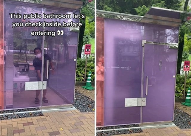 "Javni WC čije je staklo prozirno dok se vrata ne zaključaju."