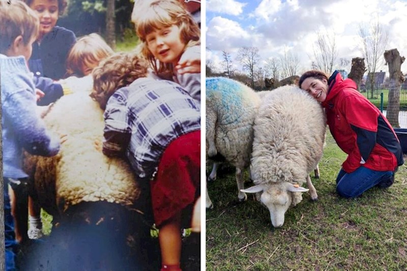 "Ja (u crvenoj haljini) 1982. na izletu na farmi, i ja 2022. dok radim na toj istoj farmi"