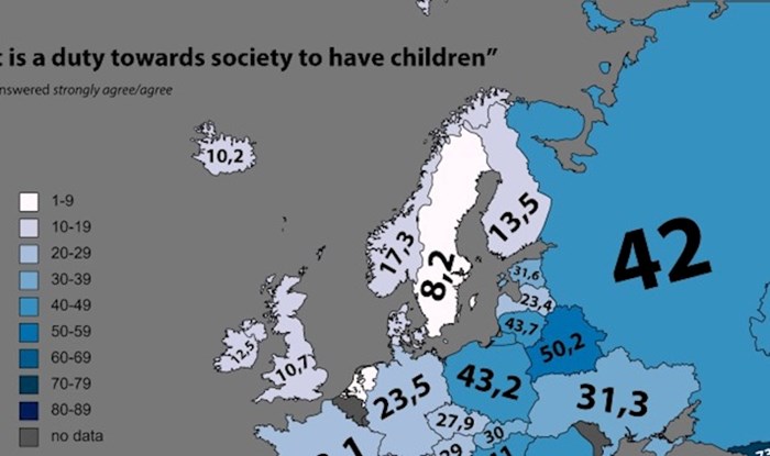 Mapa pokazuje postotak Europljana koji smatraju da je dužnost imati djecu, pogledajte situaciju u RH