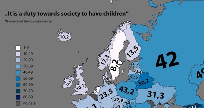 Mapa pokazuje postotak Europljana koji smatraju da je dužnost imati djecu, pogledajte situaciju u RH