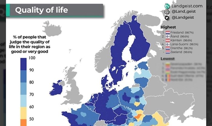 Mapa pokazuje kvalitetu života ovisno o regiji u državama EU. Dvije regije iz RH u "lošijoj" skupini