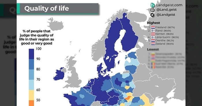 Mapa pokazuje kvalitetu života ovisno o regiji u državama EU. Dvije regije iz RH u "lošijoj" skupini