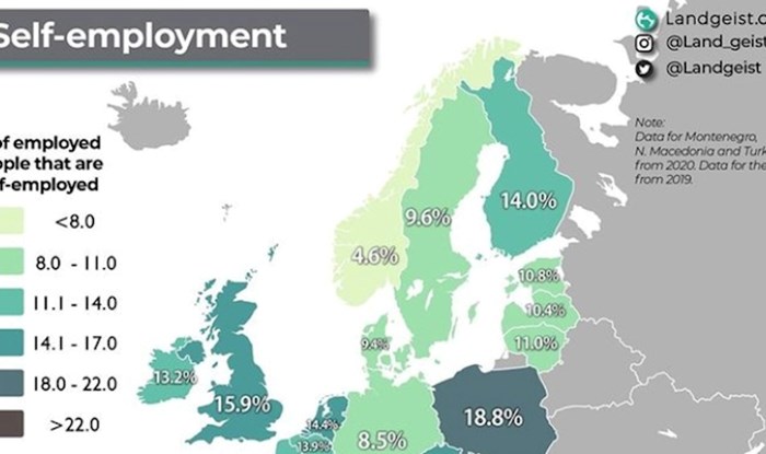 Mapa pokazuje postotak Europljana koji su samozaposleni, pogledajte kakvo je stanje u Hrvatskoj