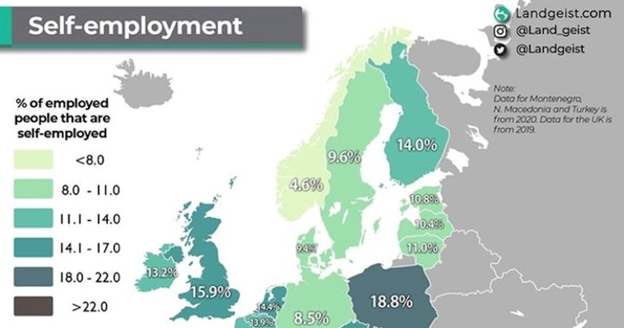 Mapa pokazuje postotak Europljana koji su samozaposleni, pogledajte kakvo je stanje u Hrvatskoj