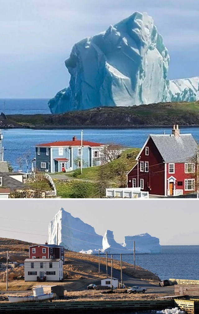 Impozantni ledeni brjegovi, visoki i do 45 metara, lagano prolaze pokraj gradića u poznatoj "Aleji ledenih brjegova" na Newfoundlandu.