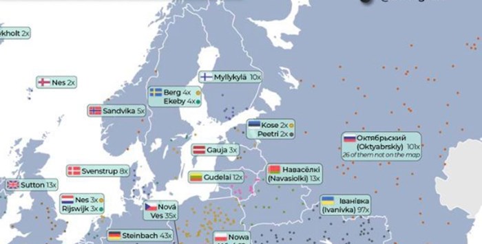 Mapa pokazuje koje je najčešće ime mjesta u pojedinim europskim državama, pogledajte Hrvatsku