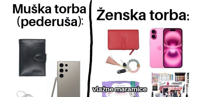 Fora pokazuje razliku između sadržaja muških i ženskih torbi, urnebesna je i skroz pogođena