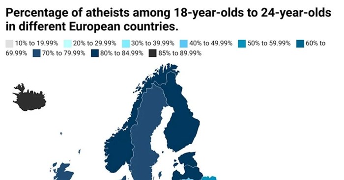 Mapa pokazuje udio ateista kod mlađe populacije u pojedinim europskim državama, pogledajte RH