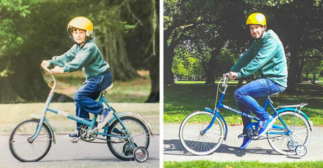 Pronašao sam par pomoćnih kotačića i žutu kacigu kako bih ponovio ovu fotku u parku (1995. i 2019.)