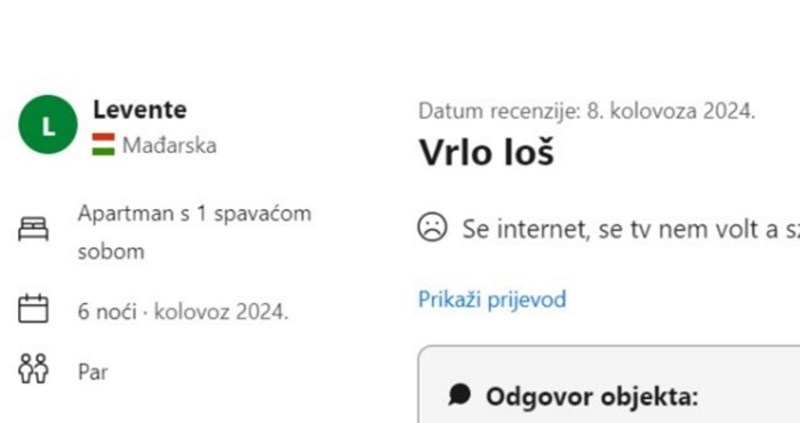 Mađar je ostavio lošu recenziju smještaja u kojem je boravio, morate vidjeti odgovor vlasnika