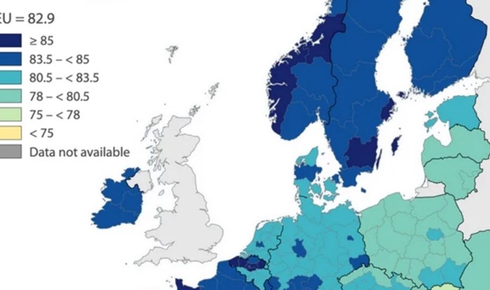Mape pokazuju koliki je životni vijek muškaraca i žena u pojedinim državama Europe, pogledajte RH