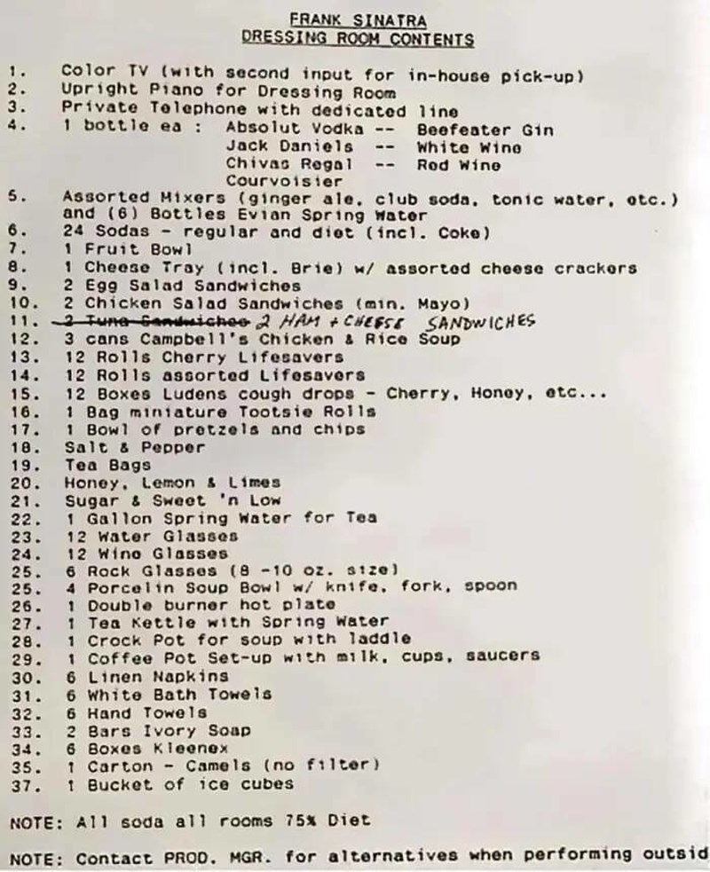 5. Što je sve navodno Frank Sinatra tražio u svojoj garderobi prije nastupa