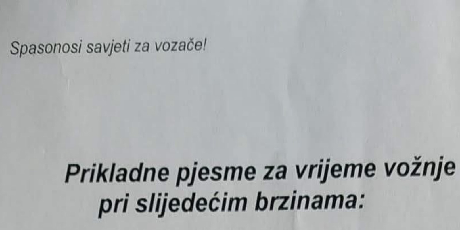 Netko je sastavio popis pjesama prikladnih za vožnju pri određenim brzinama, urnebesan je