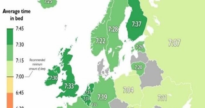 Mapa pokazuje koliko u prosjeku spavaju pojedini europski narodi, pogledajte Hrvatsku