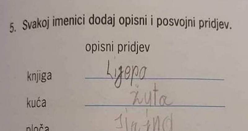 Učenik je trebao dodati imenici opisni pridjev, morate vidjeti kako je opisao sestru