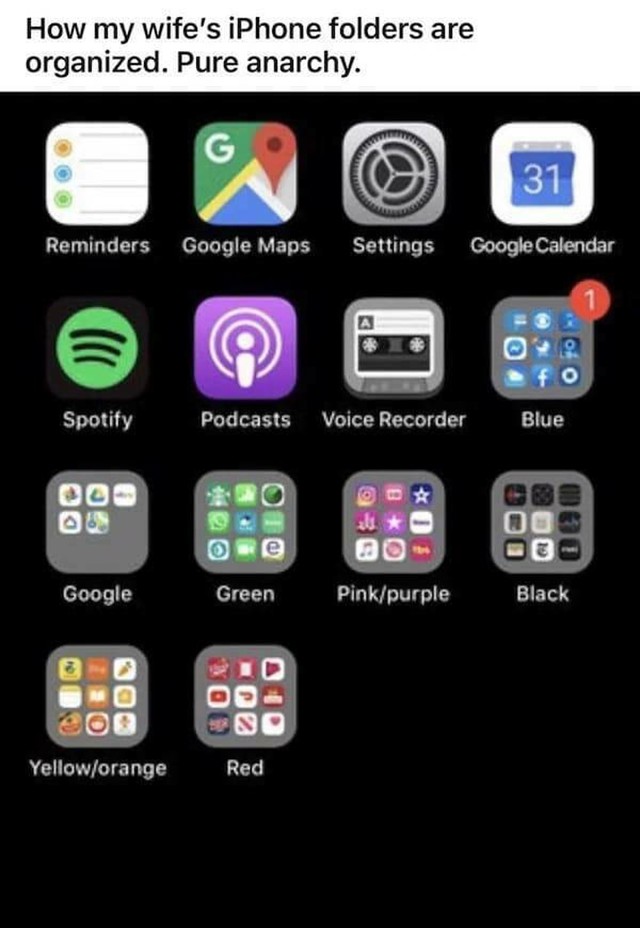 3. Kako je moja žena organizirala foldere na svoje iPhoneu. Čista anarhija.