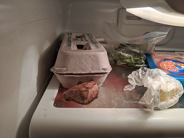 14. Moj tata ostavlja stvari po frižideru. Recimo ovaj komad mesa.