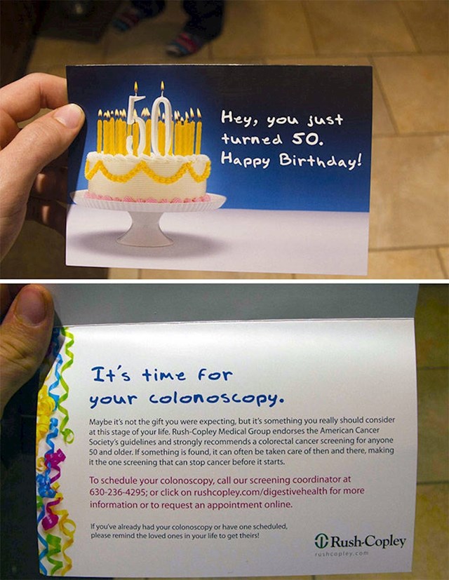 1. Najgora rođendanska čestitka ikad - pozivnica za kolonoskopiju