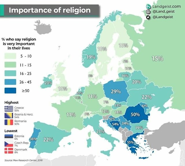6. Mapa pokazuje u kojem je postotku pojedinim narodima Europe važna njihova religija