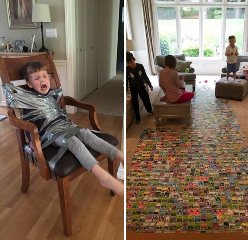10. Moji klinci htjeli su posložiti Pokemon karte po podu, ali najmlađi sin ih je ometao. Pronašli su rješenje tako što su ga zalijepili za stolicu.