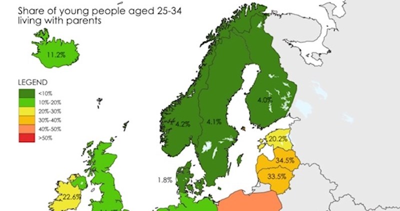 Mapa pokazuje udio mladih koji žive s roditeljima u pojedinim zemljama EU, pogledajte Hrvatsku