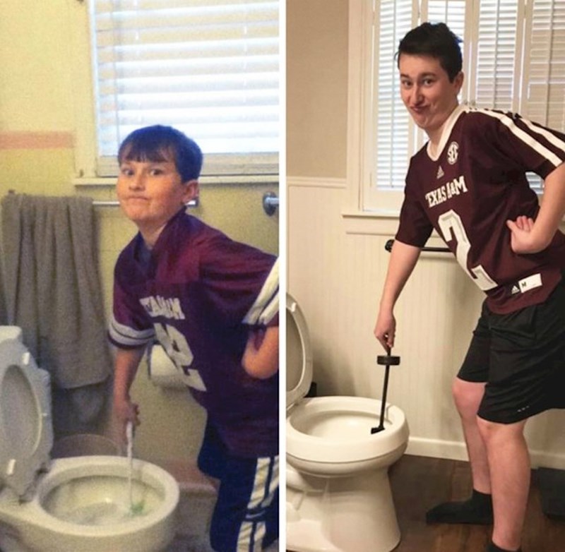 2. Fotkala sam mlađeg brata kako čisti WC. Deset godina kasnije - rekreirali smo fotku.