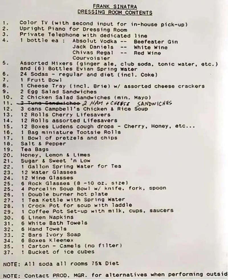 5. Što je sve navodno Frank Sinatra tražio u svojoj garderobi prije nastupa