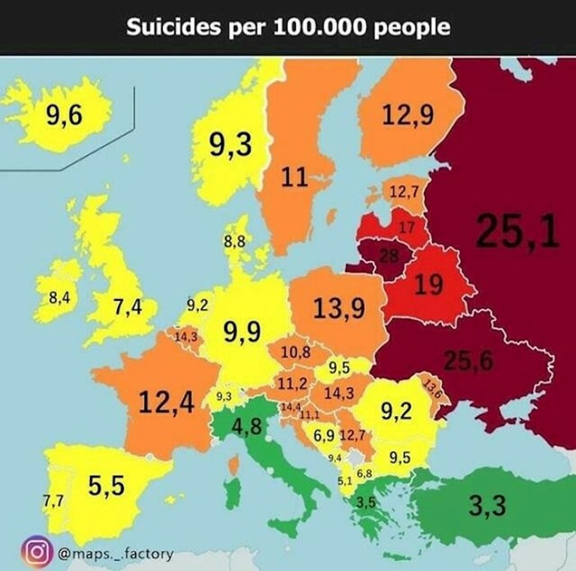 15. Mapa pokazuje stopu samoubojstava na 100 tisuća ljudi u Europi
