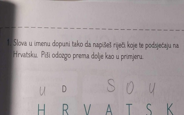 Učenik je za zadaću morao napisati pojmove koji ga podsjećaju na Hrvatsku, prva asocijacija je hit