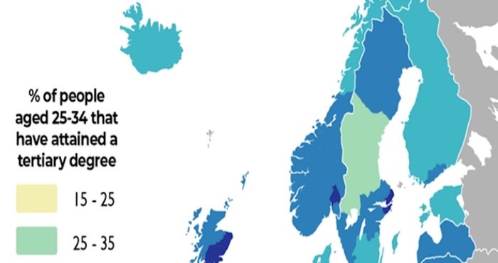 Mapa pokazuje postotak mladih sa sveučilišnom diplomom u europskim zemljama, pogledajte RH