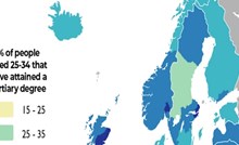 Mapa pokazuje postotak mladih sa sveučilišnom diplomom u europskim zemljama, pogledajte RH