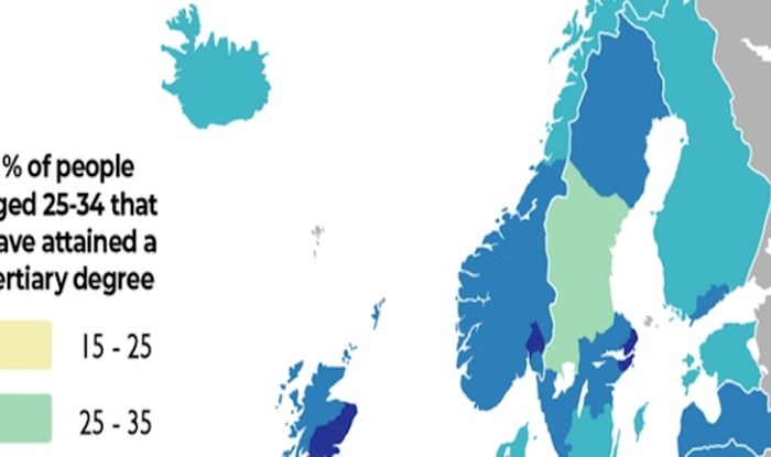 Mapa pokazuje postotak mladih sa sveučilišnom diplomom u europskim zemljama, pogledajte RH