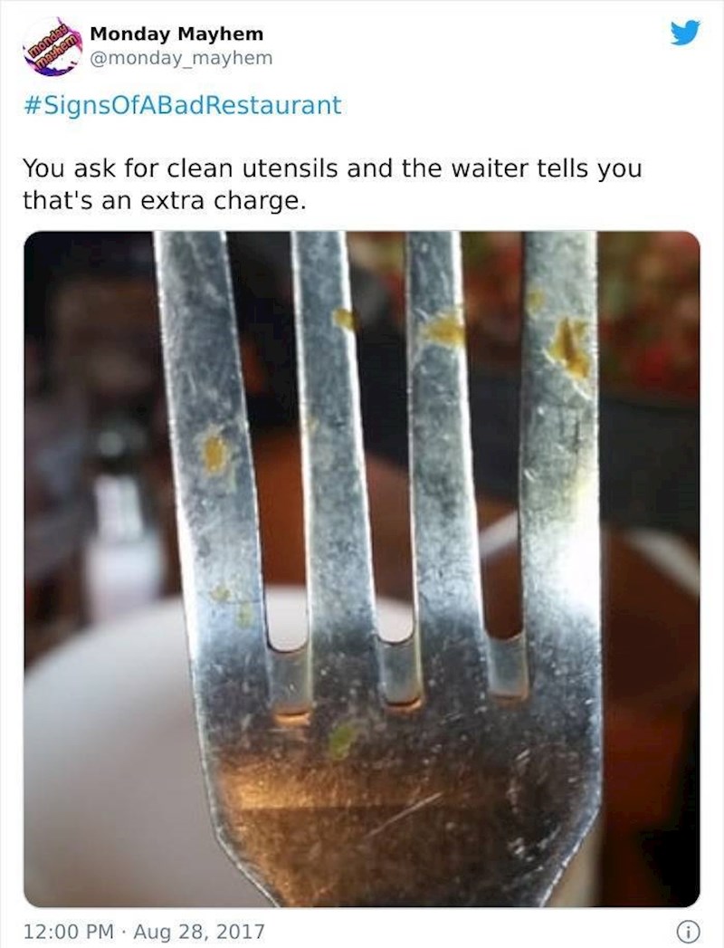 7. Zamolila je za čistu vilicu, rekli su joj da će joj to morati naplatiti