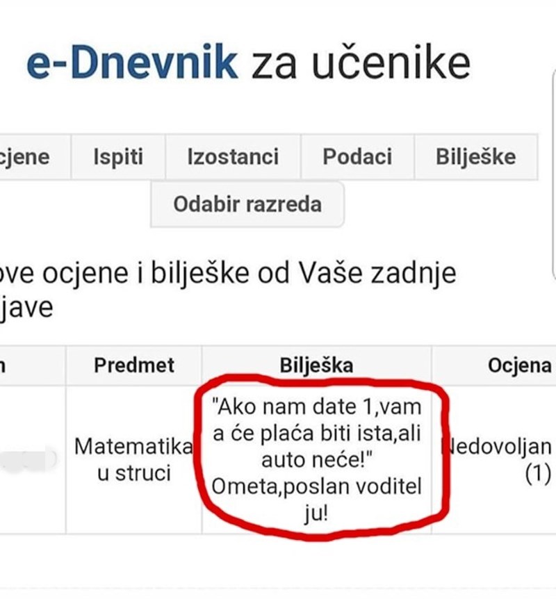 Bilješka iz e-Dnevnika:
