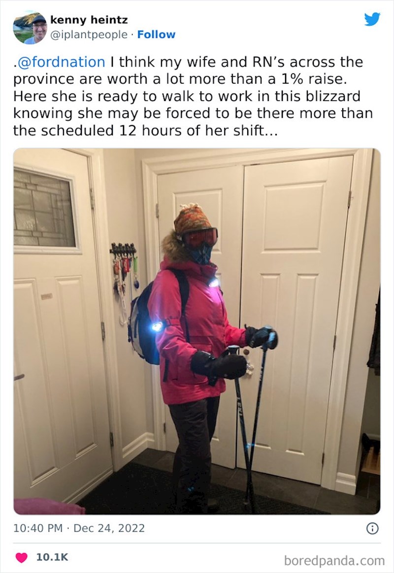 1. Moja žena ovako ide na posao, znajući da će možda zapeti ondje i biti prisiljena ostati duže od svoje 12-satne smjene. Plaća joj se povisila za samo 1%.