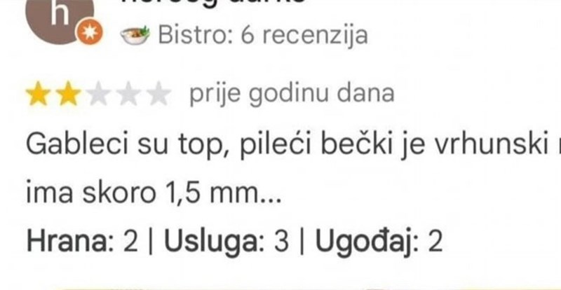Tip je ostavio recenziju restoranu i izazvao salve smijeha u cijeloj zemlji, fotka je urnebesna
