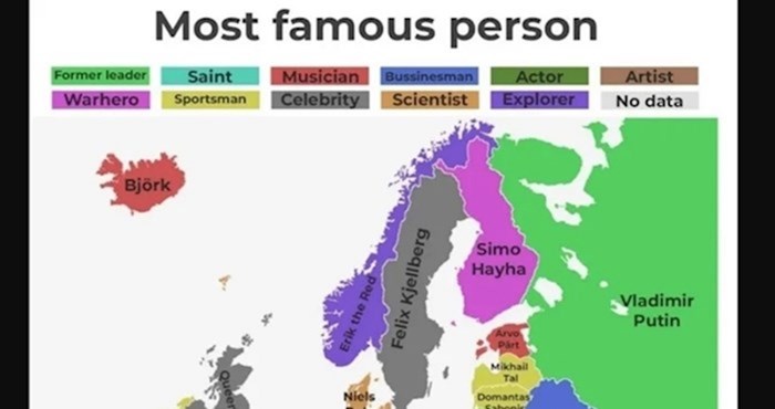 Mapa prikazuje najpoznatiju osobu iz svake europske države, pogađate tko je najpoznatiji Hrvat?