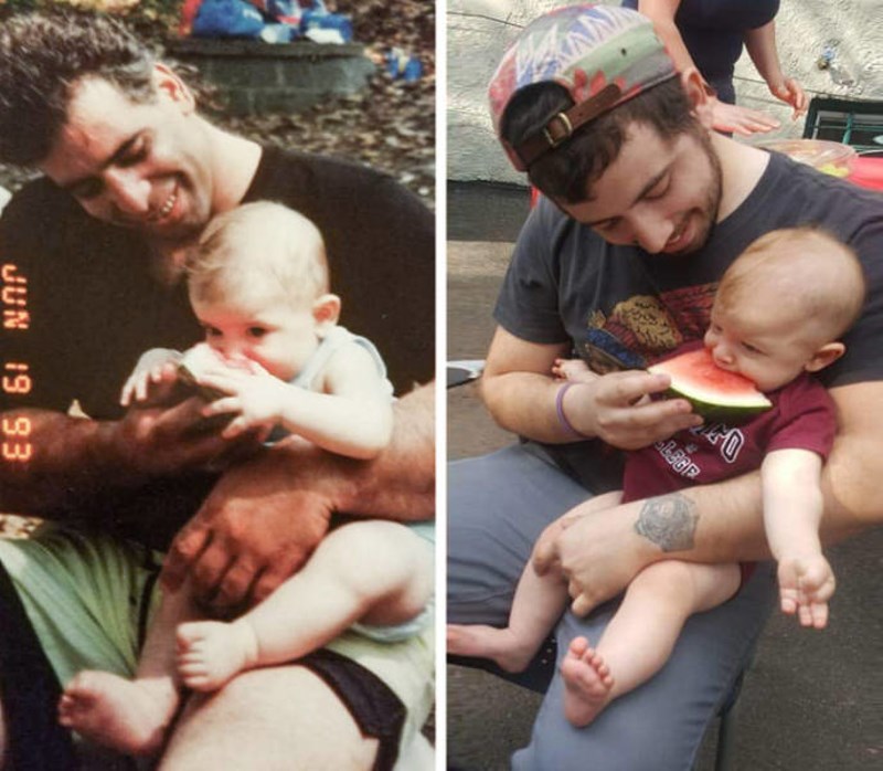 6. Na lijevoj fotki tata drži mene, a na desnoj ja svoga sina