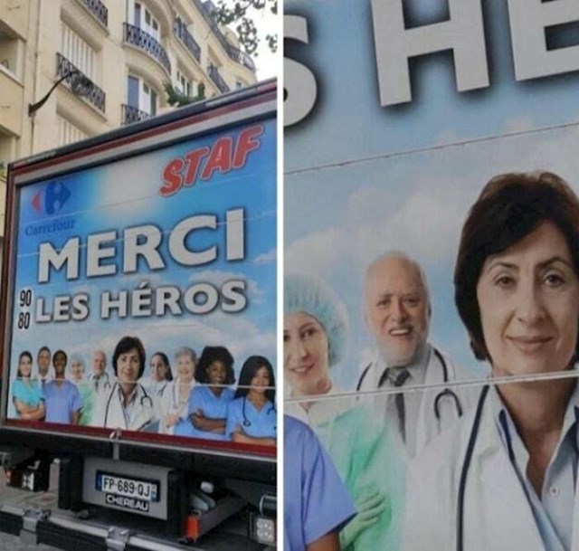 9. Francuzi su pokušali napraviti ozbiljan plakat za zahvalu medicinskom osoblju za vrijeme pandemije korona virusa. Međutim, jedan od liječnika je zapravo tip sa memea.