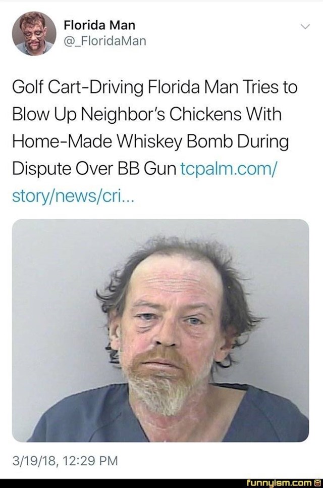 4. Tip iz Floride koji je vozio vozilo za golf pokušao je raznijeti susjedove kokoši kućnom bombom od whiskeyja i to zbog prepirke oko zračnog pištolja.