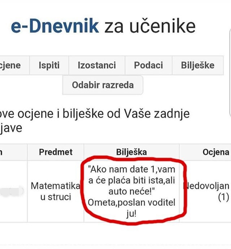 Bilješka iz e-Dnevnika: